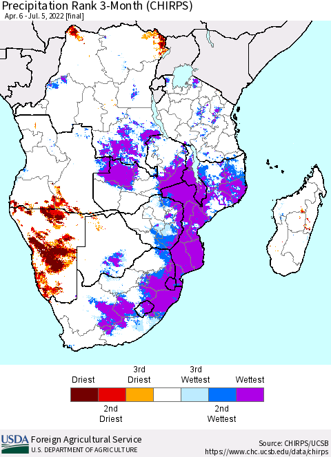 Southern Africa Precipitation Rank since 1981, 3-Month (CHIRPS) Thematic Map For 4/6/2022 - 7/5/2022