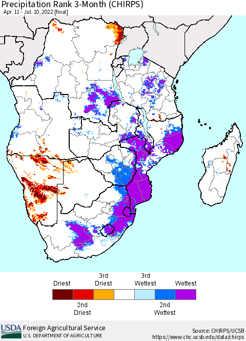 Southern Africa Precipitation Rank since 1981, 3-Month (CHIRPS) Thematic Map For 4/11/2022 - 7/10/2022