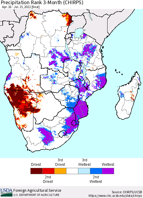 Southern Africa Precipitation Rank since 1981, 3-Month (CHIRPS) Thematic Map For 4/16/2022 - 7/15/2022