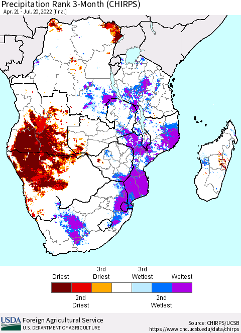 Southern Africa Precipitation Rank since 1981, 3-Month (CHIRPS) Thematic Map For 4/21/2022 - 7/20/2022