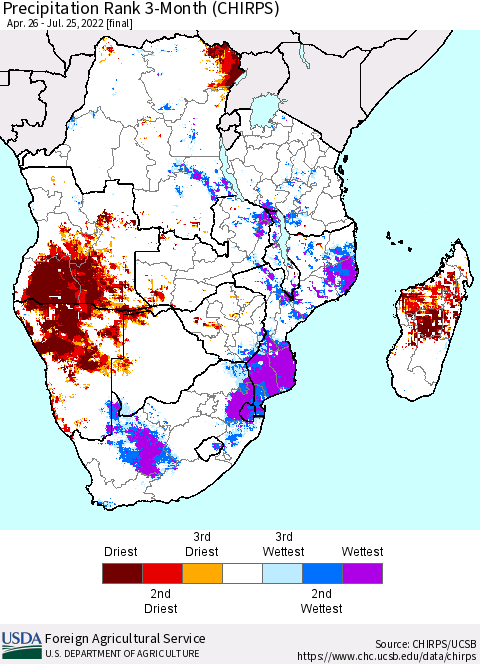 Southern Africa Precipitation Rank since 1981, 3-Month (CHIRPS) Thematic Map For 4/26/2022 - 7/25/2022