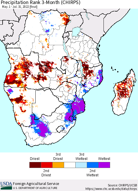 Southern Africa Precipitation Rank since 1981, 3-Month (CHIRPS) Thematic Map For 5/1/2022 - 7/31/2022