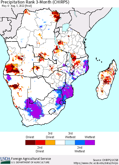 Southern Africa Precipitation Rank since 1981, 3-Month (CHIRPS) Thematic Map For 5/6/2022 - 8/5/2022