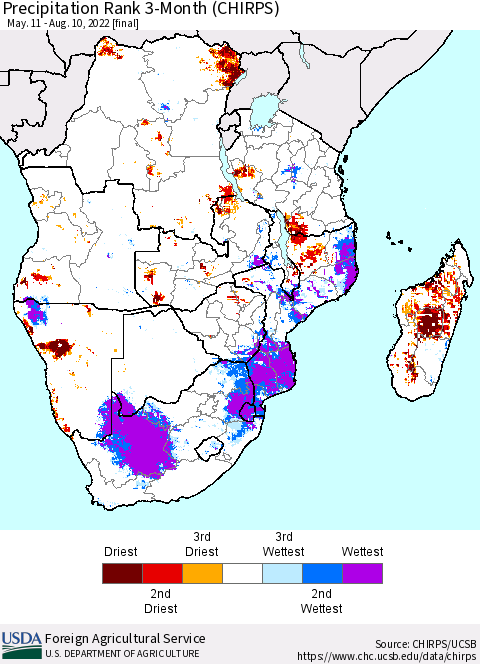 Southern Africa Precipitation Rank since 1981, 3-Month (CHIRPS) Thematic Map For 5/11/2022 - 8/10/2022