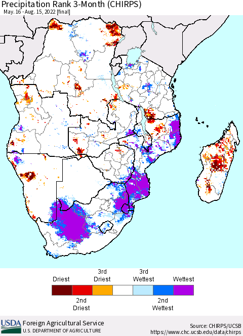 Southern Africa Precipitation Rank since 1981, 3-Month (CHIRPS) Thematic Map For 5/16/2022 - 8/15/2022