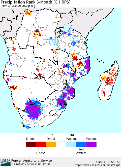 Southern Africa Precipitation Rank since 1981, 3-Month (CHIRPS) Thematic Map For 5/21/2022 - 8/20/2022
