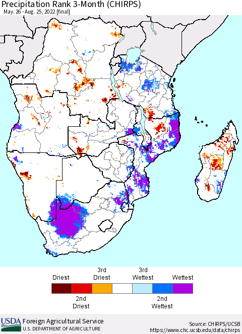 Southern Africa Precipitation Rank since 1981, 3-Month (CHIRPS) Thematic Map For 5/26/2022 - 8/25/2022