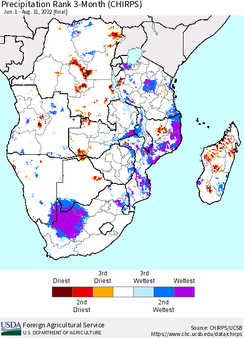Southern Africa Precipitation Rank since 1981, 3-Month (CHIRPS) Thematic Map For 6/1/2022 - 8/31/2022