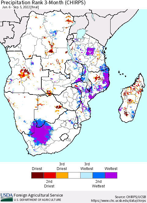 Southern Africa Precipitation Rank since 1981, 3-Month (CHIRPS) Thematic Map For 6/6/2022 - 9/5/2022