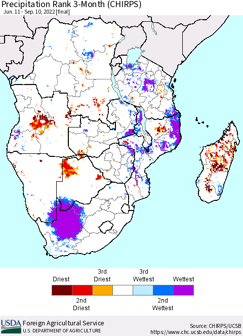 Southern Africa Precipitation Rank since 1981, 3-Month (CHIRPS) Thematic Map For 6/11/2022 - 9/10/2022