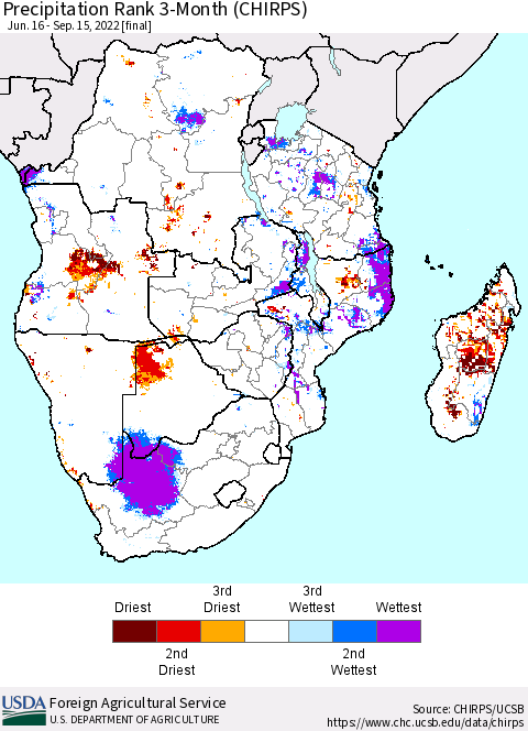 Southern Africa Precipitation Rank since 1981, 3-Month (CHIRPS) Thematic Map For 6/16/2022 - 9/15/2022