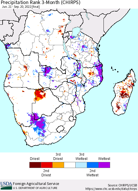 Southern Africa Precipitation Rank since 1981, 3-Month (CHIRPS) Thematic Map For 6/21/2022 - 9/20/2022