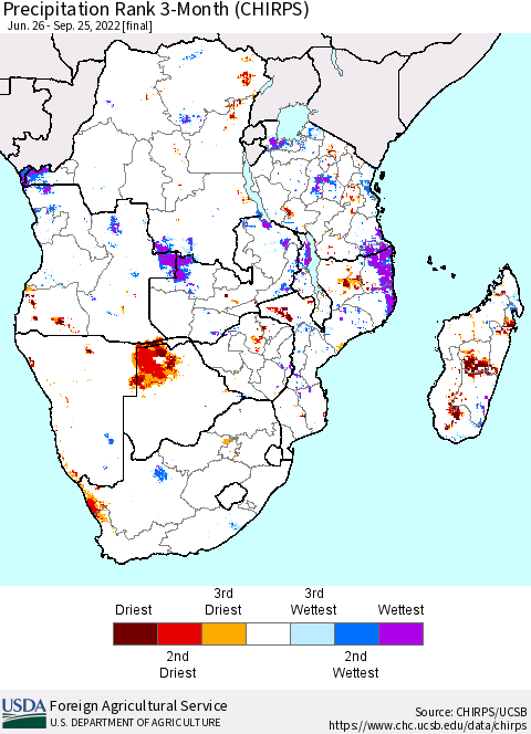 Southern Africa Precipitation Rank since 1981, 3-Month (CHIRPS) Thematic Map For 6/26/2022 - 9/25/2022