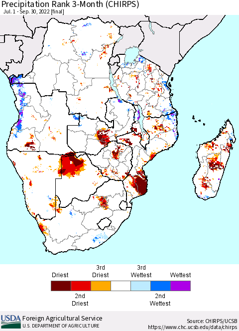 Southern Africa Precipitation Rank since 1981, 3-Month (CHIRPS) Thematic Map For 7/1/2022 - 9/30/2022