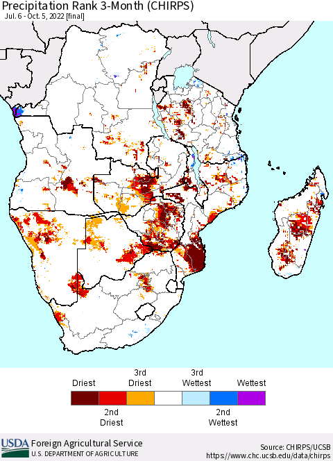 Southern Africa Precipitation Rank since 1981, 3-Month (CHIRPS) Thematic Map For 7/6/2022 - 10/5/2022