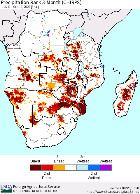 Southern Africa Precipitation Rank since 1981, 3-Month (CHIRPS) Thematic Map For 7/11/2022 - 10/10/2022