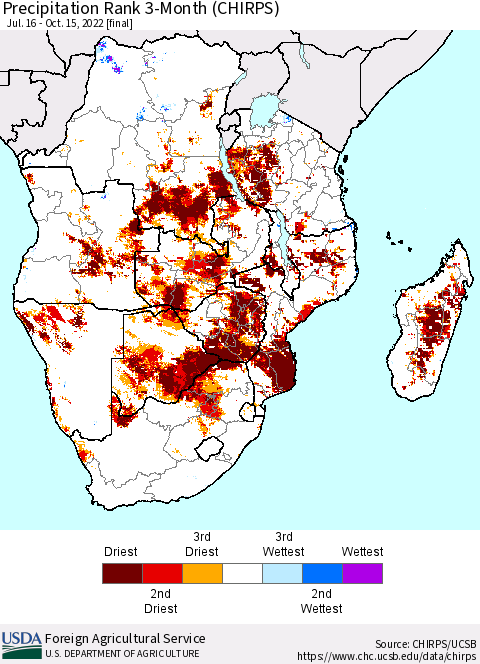 Southern Africa Precipitation Rank since 1981, 3-Month (CHIRPS) Thematic Map For 7/16/2022 - 10/15/2022