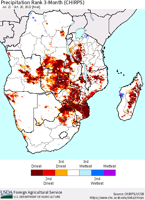 Southern Africa Precipitation Rank since 1981, 3-Month (CHIRPS) Thematic Map For 7/21/2022 - 10/20/2022