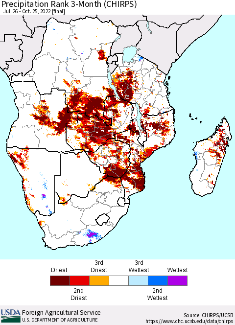 Southern Africa Precipitation Rank since 1981, 3-Month (CHIRPS) Thematic Map For 7/26/2022 - 10/25/2022