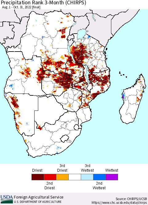 Southern Africa Precipitation Rank since 1981, 3-Month (CHIRPS) Thematic Map For 8/1/2022 - 10/31/2022