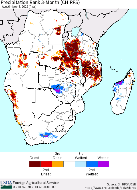 Southern Africa Precipitation Rank since 1981, 3-Month (CHIRPS) Thematic Map For 8/6/2022 - 11/5/2022