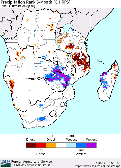 Southern Africa Precipitation Rank since 1981, 3-Month (CHIRPS) Thematic Map For 8/11/2022 - 11/10/2022