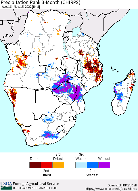 Southern Africa Precipitation Rank since 1981, 3-Month (CHIRPS) Thematic Map For 8/16/2022 - 11/15/2022