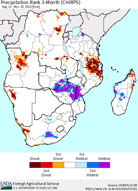 Southern Africa Precipitation Rank since 1981, 3-Month (CHIRPS) Thematic Map For 8/21/2022 - 11/20/2022