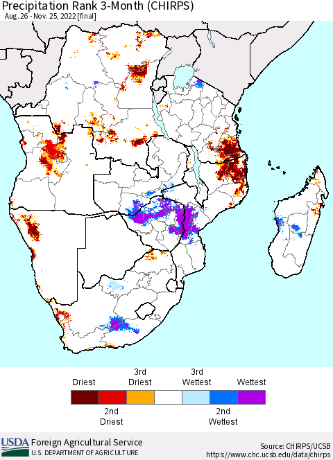 Southern Africa Precipitation Rank since 1981, 3-Month (CHIRPS) Thematic Map For 8/26/2022 - 11/25/2022