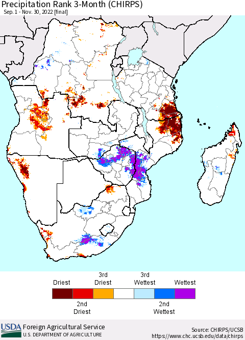 Southern Africa Precipitation Rank since 1981, 3-Month (CHIRPS) Thematic Map For 9/1/2022 - 11/30/2022