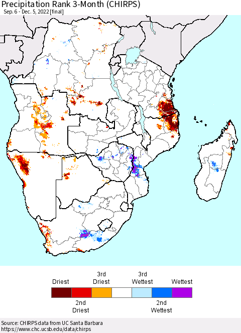 Southern Africa Precipitation Rank since 1981, 3-Month (CHIRPS) Thematic Map For 9/6/2022 - 12/5/2022