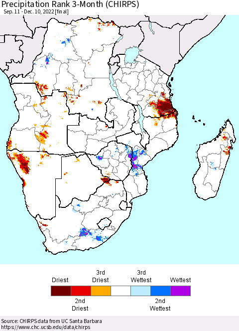 Southern Africa Precipitation Rank since 1981, 3-Month (CHIRPS) Thematic Map For 9/11/2022 - 12/10/2022