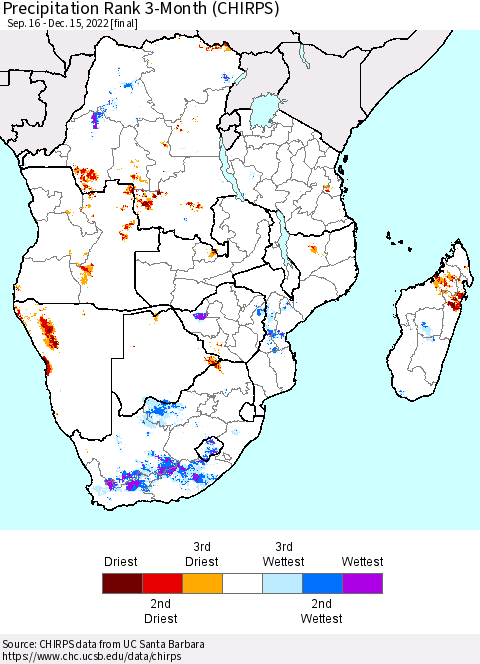 Southern Africa Precipitation Rank since 1981, 3-Month (CHIRPS) Thematic Map For 9/16/2022 - 12/15/2022