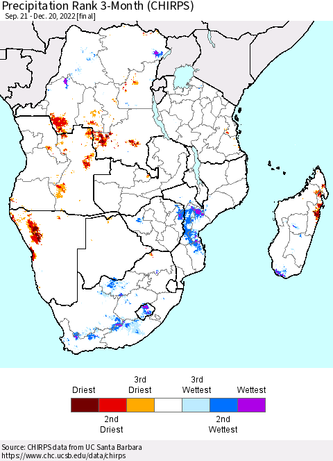 Southern Africa Precipitation Rank since 1981, 3-Month (CHIRPS) Thematic Map For 9/21/2022 - 12/20/2022