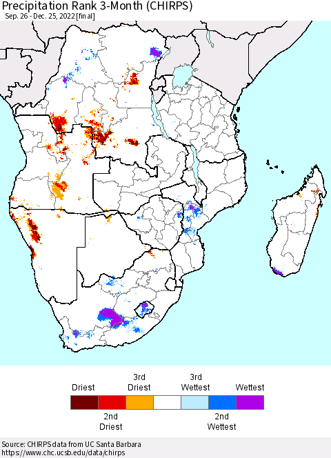Southern Africa Precipitation Rank since 1981, 3-Month (CHIRPS) Thematic Map For 9/26/2022 - 12/25/2022