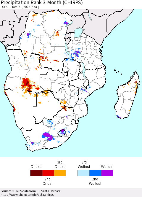 Southern Africa Precipitation Rank since 1981, 3-Month (CHIRPS) Thematic Map For 10/1/2022 - 12/31/2022