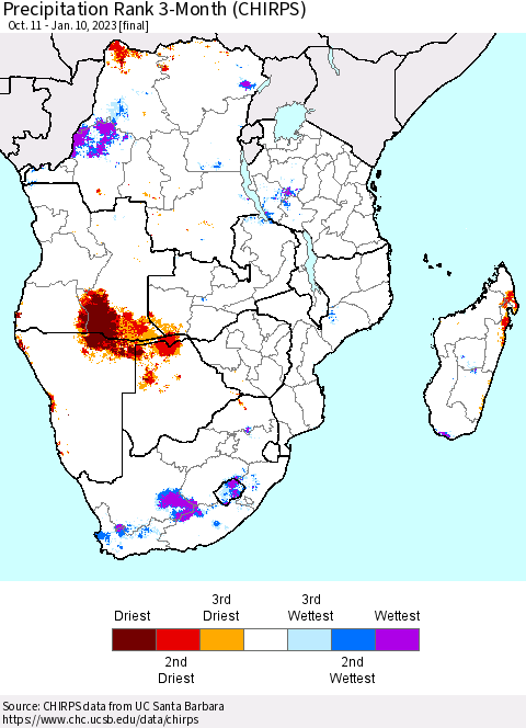 Southern Africa Precipitation Rank since 1981, 3-Month (CHIRPS) Thematic Map For 10/11/2022 - 1/10/2023