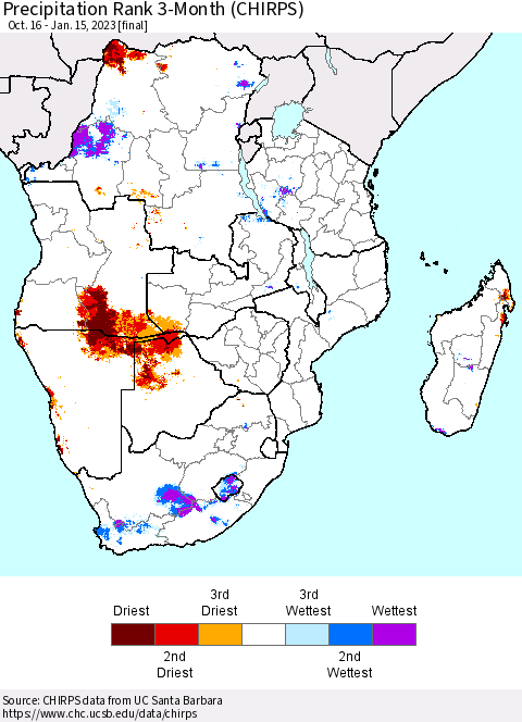Southern Africa Precipitation Rank since 1981, 3-Month (CHIRPS) Thematic Map For 10/16/2022 - 1/15/2023