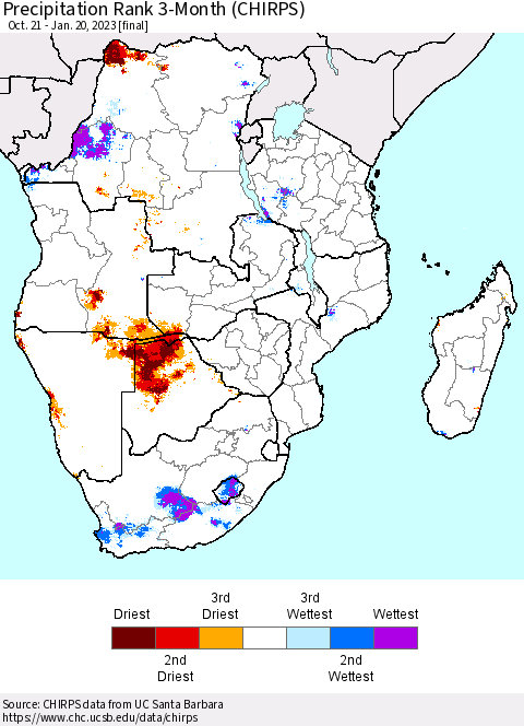 Southern Africa Precipitation Rank since 1981, 3-Month (CHIRPS) Thematic Map For 10/21/2022 - 1/20/2023
