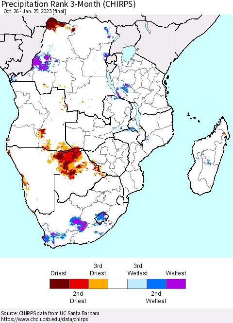 Southern Africa Precipitation Rank since 1981, 3-Month (CHIRPS) Thematic Map For 10/26/2022 - 1/25/2023
