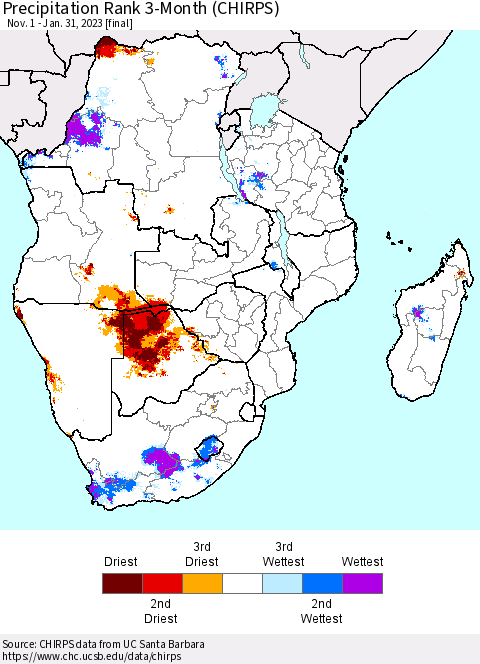 Southern Africa Precipitation Rank since 1981, 3-Month (CHIRPS) Thematic Map For 11/1/2022 - 1/31/2023