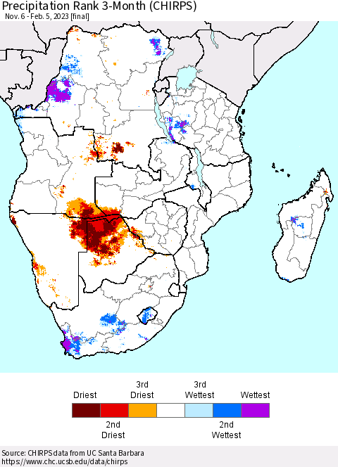 Southern Africa Precipitation Rank since 1981, 3-Month (CHIRPS) Thematic Map For 11/6/2022 - 2/5/2023
