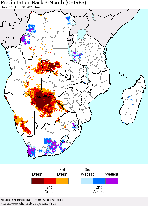 Southern Africa Precipitation Rank since 1981, 3-Month (CHIRPS) Thematic Map For 11/11/2022 - 2/10/2023