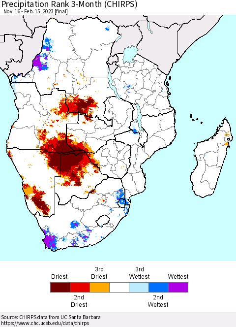 Southern Africa Precipitation Rank since 1981, 3-Month (CHIRPS) Thematic Map For 11/16/2022 - 2/15/2023