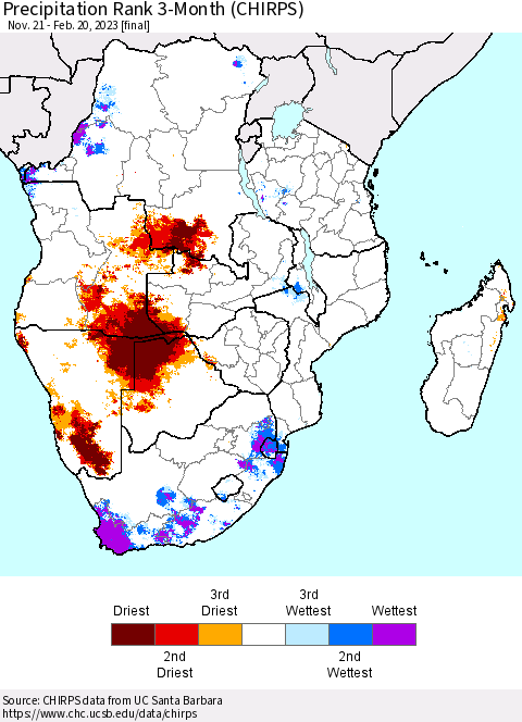 Southern Africa Precipitation Rank since 1981, 3-Month (CHIRPS) Thematic Map For 11/21/2022 - 2/20/2023