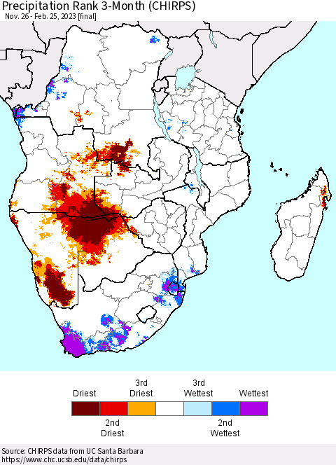 Southern Africa Precipitation Rank since 1981, 3-Month (CHIRPS) Thematic Map For 11/26/2022 - 2/25/2023