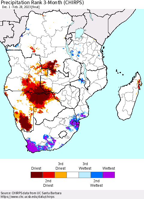 Southern Africa Precipitation Rank since 1981, 3-Month (CHIRPS) Thematic Map For 12/1/2022 - 2/28/2023