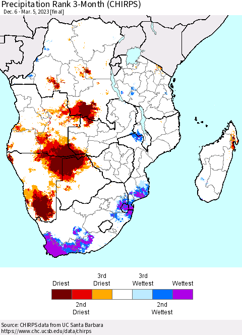 Southern Africa Precipitation Rank since 1981, 3-Month (CHIRPS) Thematic Map For 12/6/2022 - 3/5/2023