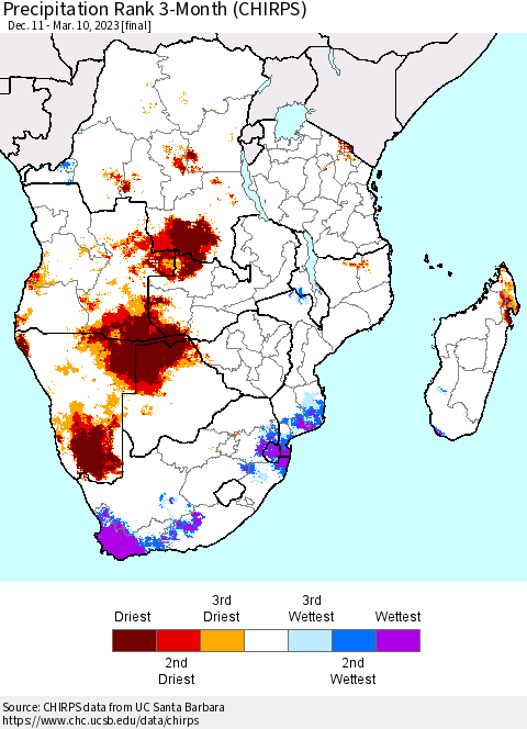 Southern Africa Precipitation Rank since 1981, 3-Month (CHIRPS) Thematic Map For 12/11/2022 - 3/10/2023