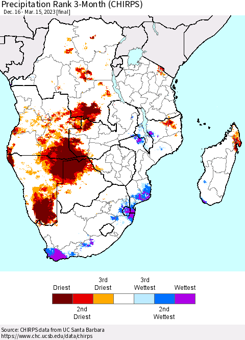Southern Africa Precipitation Rank since 1981, 3-Month (CHIRPS) Thematic Map For 12/16/2022 - 3/15/2023